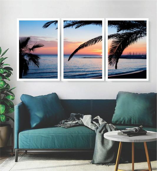 3 Quadros Coqueiro Resort Praia Pôr Do Sol Decoração Moldura