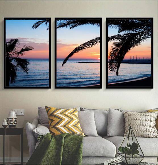 3 Quadros Coqueiro Praia Resort Pôr Do Sol Decoração Moldura