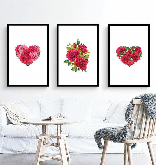 3 Quadros Coração Casal Rosas Vermelhas Decoração Molduras
