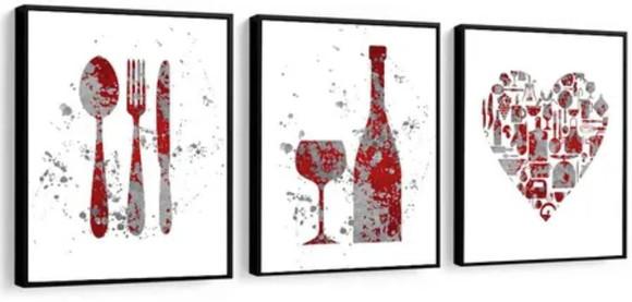 3 Quadros Cozinha Cheff Restaurantes Vinho Decoração Moldura