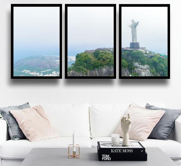 3 Quadros Cristo Redentor Rio De Janeiro Decoração Moldura