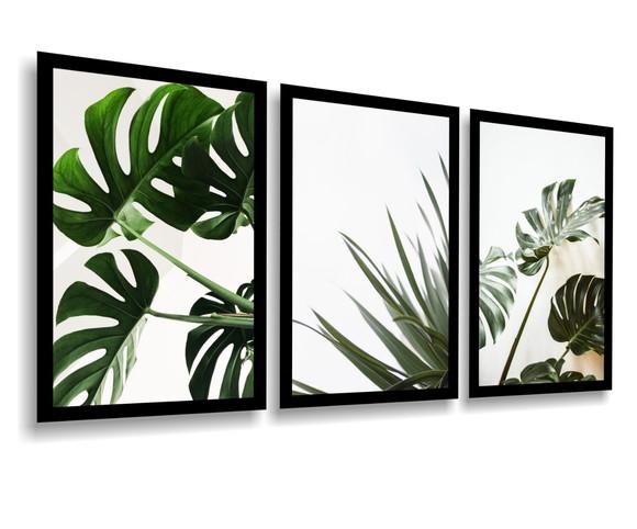 3 Quadros Decoração Folhagem Verde Costela Botânico Moldura
