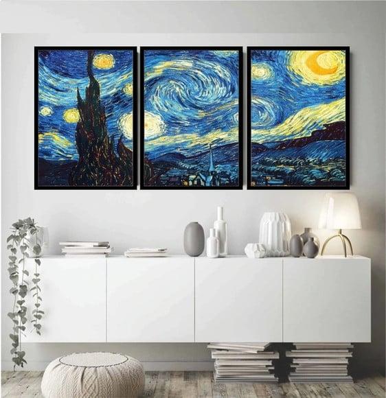 3 Quadros Decorativos Abstrato Azul Noite Estrelada Molduras