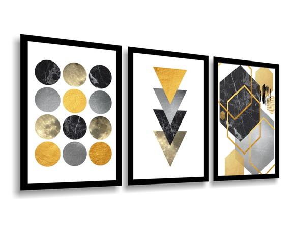 3 Quadros Decorativos Abstrato Geométrico Amarelo Conjunto