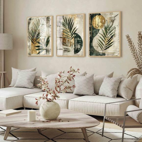 3 Quadros Decorativos Abstrato Folhas Verdes Moldura e Vidro