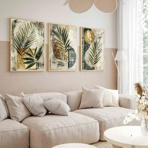 3 Quadros Decorativos Abstrato Folhas Verdes Moldura e Vidro