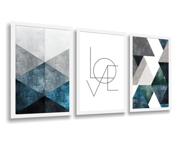 3 Quadros Decorativos Abstrato Geométrico Azul Casal Love