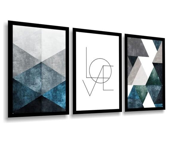 3 Quadros Decorativos Abstrato Geométrico Azul Love Casal