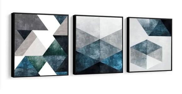 3 Quadros Decorativos Abstrato Geométrico Azul Trio Molduras