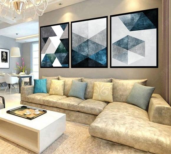 3 Quadros Decorativos Abstrato Geométrico Azul Trio Conjunto