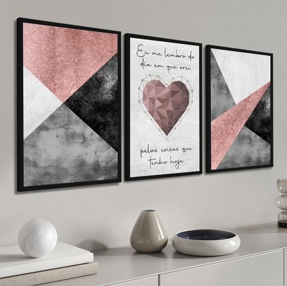 3 Quadros Decorativos Abstrato Geométrico Coração Moldura