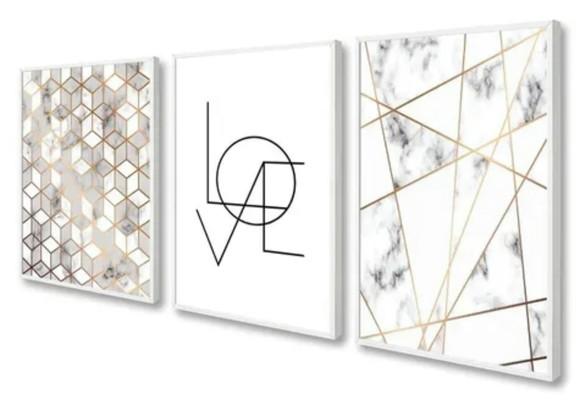 3 Quadros Decorativos Abstrato Geométrico Mármore Casal Love
