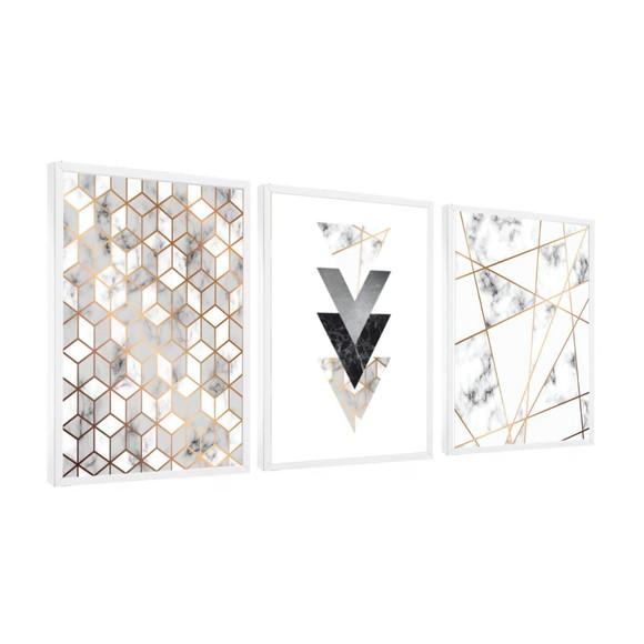 3 Quadros Decorativos Abstrato Geométrico Mármore Conjunto