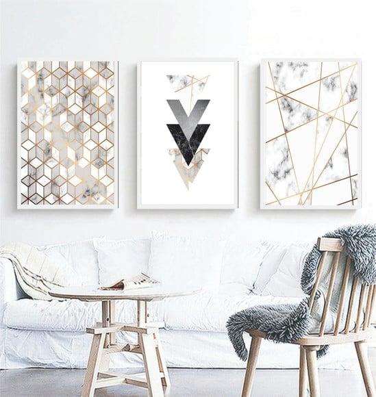 3 Quadros Decorativos Abstrato Geométrico Mármore Conjunto