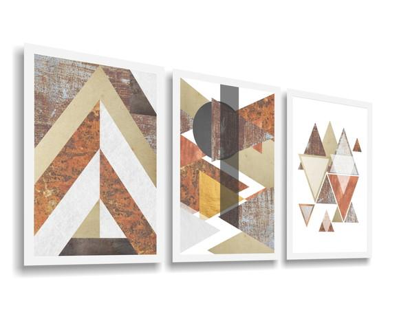 3 Quadros Decorativos Abstrato Geométrico Marrom Molduras