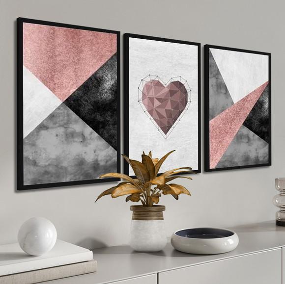 3 Quadros Decorativos Abstrato Geométrico Rosa Coração Casal