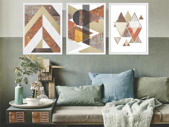 3 Quadros Decorativos Abstrato Geométrico Neutro Molduras