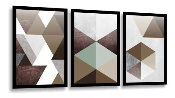3 Quadros Decorativos Abstrato Geométrico Tom Marrom Moldura