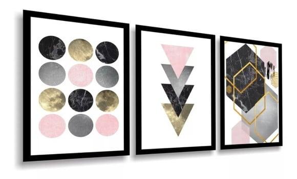 3 Quadros Decorativos Abstrato Geométrico Tons Rosê Molduras