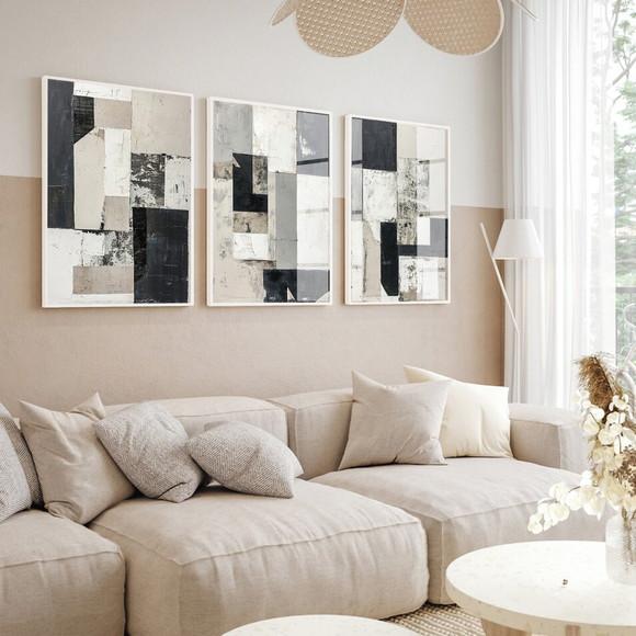 3 Quadros Decorativos Abstrato Moderno Luxo Moldura e Vidro