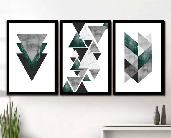 3 Quadros Decorativos Abstratos Geométricos Verde Moldura