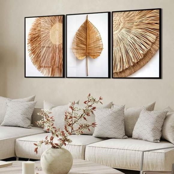 3 Quadros Decorativos Boho Gold Moderno com Moldura e Vidro