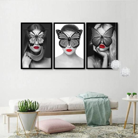 3 Quadros Decorativos Borboleta Mulheres Moderno Sala Hall