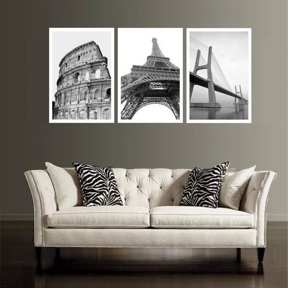 3 Quadros Decorativos Cidade Preto Branco Conjunto Molduras