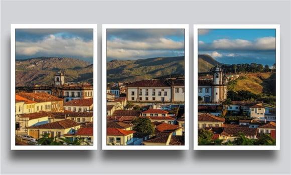 3 Quadros Decorativos Cidades Históricas Ouro Preto Moldura