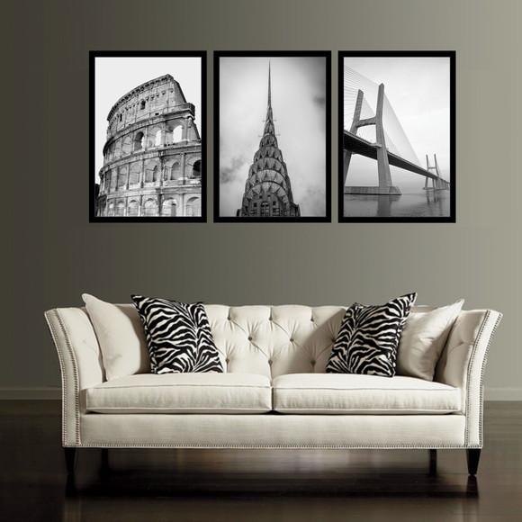 3 Quadros Decorativos Cidade Preto e Branco Conjunto Moldura