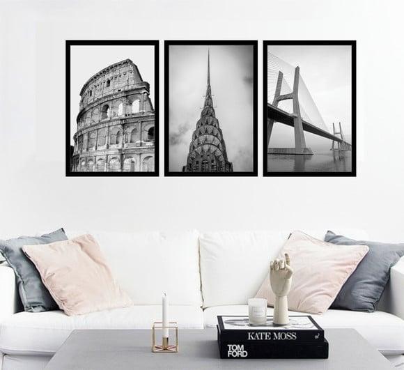 3 Quadros Decorativos Cidade Preto e Branco Conjunto Moldura