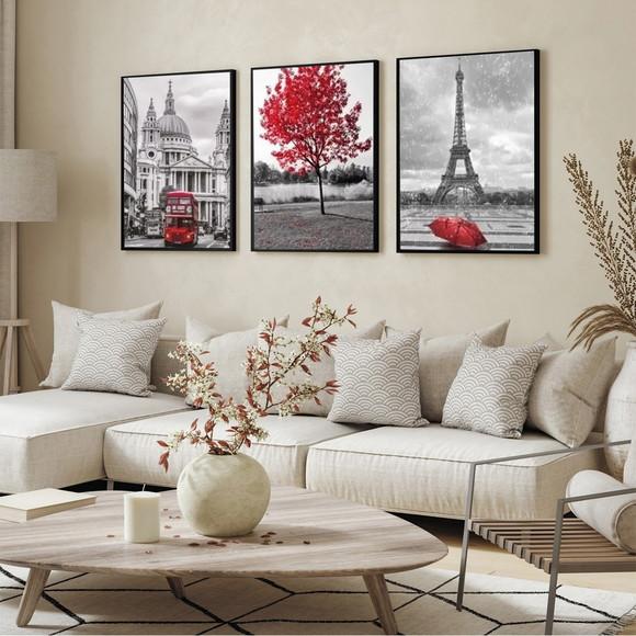3 Quadros Decorativos Cidades Londres e Paris Arvore Moldura