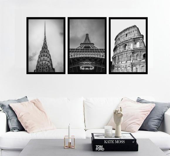 3 Quadros Decorativos Cidades Nova York Roma Paris Molduras
