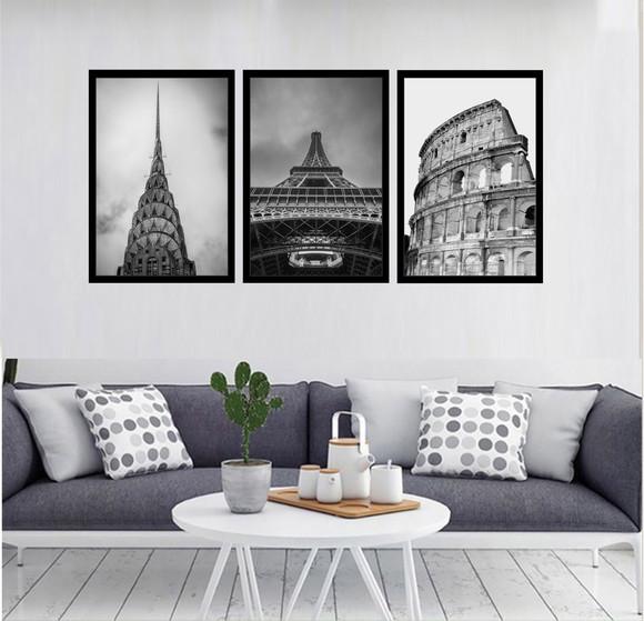 3 Quadros Decorativos Cidades Nova York Roma Paris Molduras