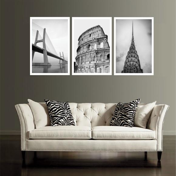 3 Quadros Decorativos Cidades Preto Branco Conjunto Moldura