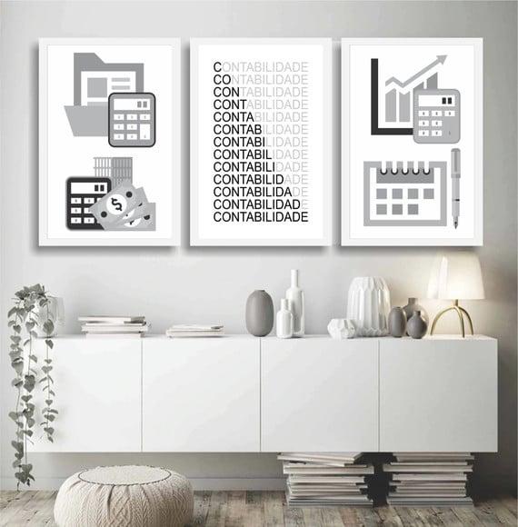 3 Quadros Decorativos Escritório Contador Conjunto Moldura