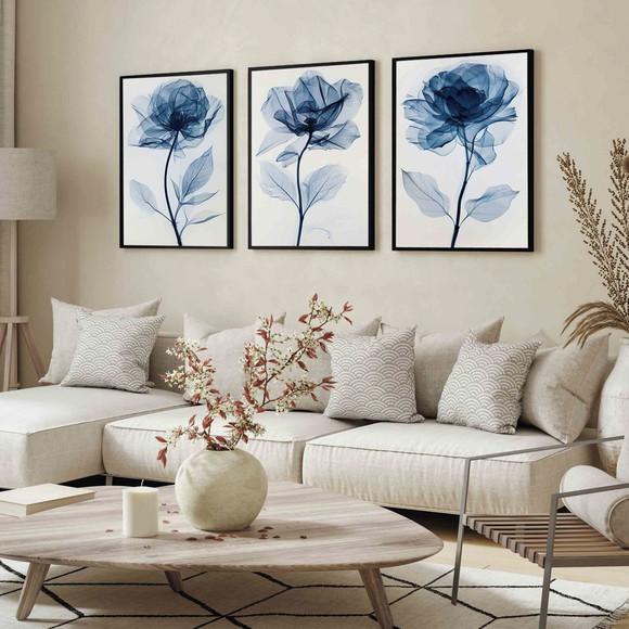 3 Quadros Decorativos Flores Azul Sala Moderna com Moldura
