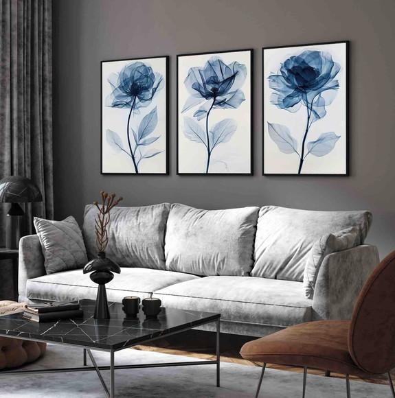 3 Quadros Decorativos Flores Azul Sala Moderna com Moldura