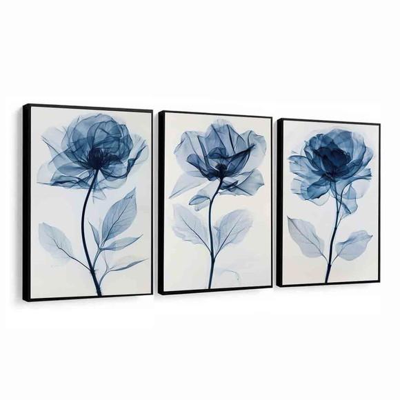 3 Quadros Decorativos Flores Azul Sala Moderna com Moldura