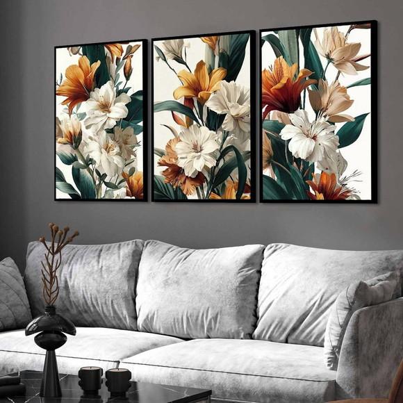 3 Quadros Decorativos Flores Moderno com Moldura e Vidro