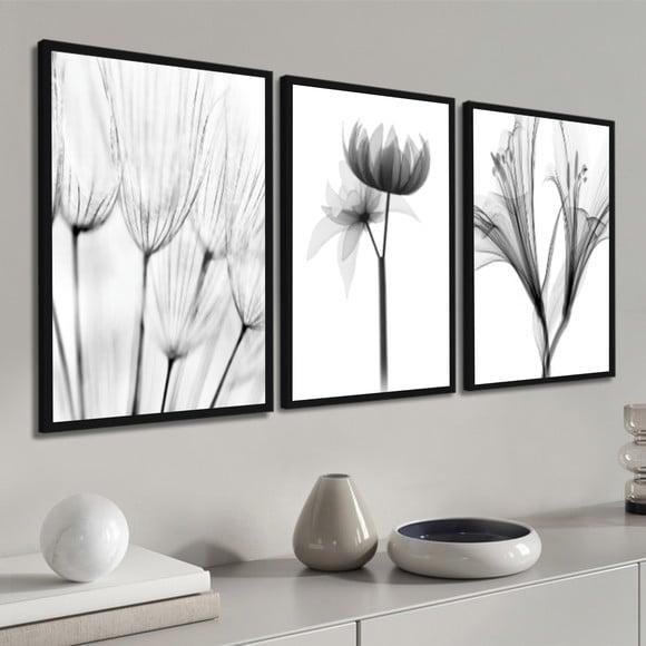 3 Quadros Decorativos Flores Preto e Branco Botânico Moldura
