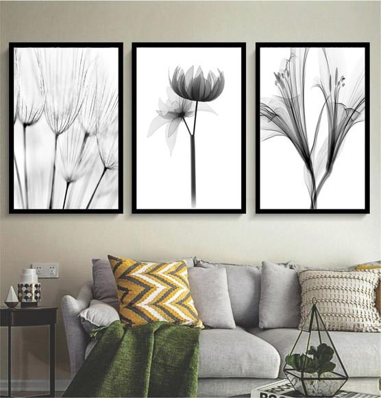 3 Quadros Decorativos Flores Preto e Branco Botânico Moldura