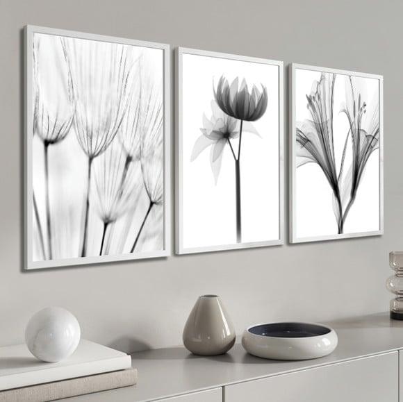 3 Quadros Decorativos Flores Preto E Branco Botânico Moldura