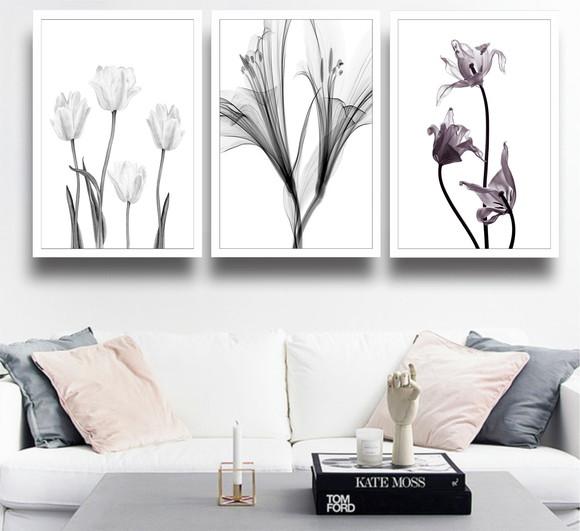 3 Quadros Decorativos Flores Preto E Branco Botânico Moldura