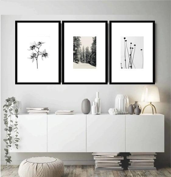 3 Quadros Decorativos Flores Preto e Branco Paisagem Moldura