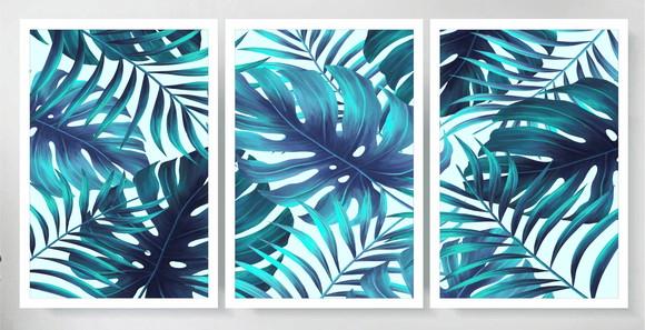 3 Quadros Decorativos Folhagem Azul Costela De Adão Moldura
