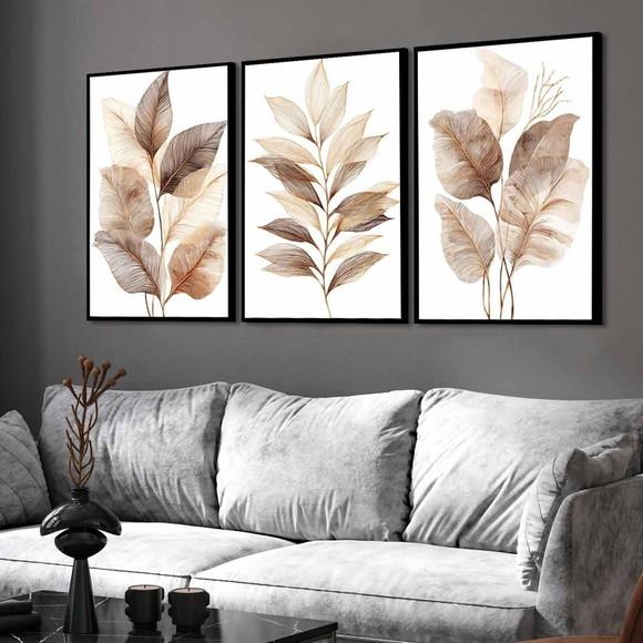 3 Quadros Decorativos Folhas Moderno Luxo com Moldura Vidro