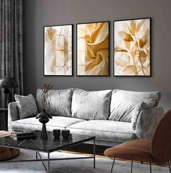 3 Quadros Decorativos Folhas Nude Bege Claro Moldura e Vidro