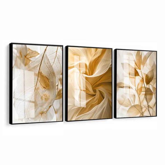 3 Quadros Decorativos Folhas Nude Bege Claro Moldura e Vidro