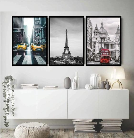 3 Quadros Decorativos Londres Paris Nova York Cidade Moldura
